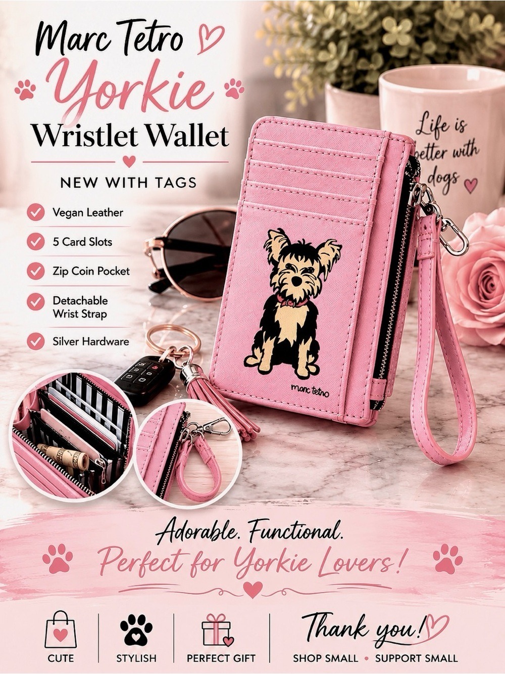 NEW Marc Tetro Yorkie Pink Wristlet Wallet Card Holder NWT